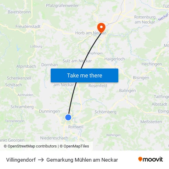 Villingendorf to Gemarkung Mühlen am Neckar map