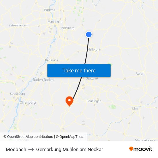 Mosbach to Gemarkung Mühlen am Neckar map