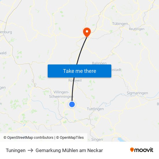 Tuningen to Gemarkung Mühlen am Neckar map