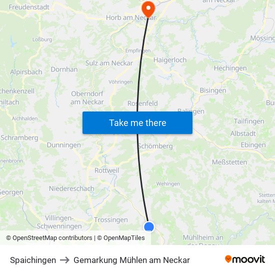 Spaichingen to Gemarkung Mühlen am Neckar map