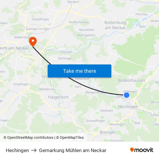 Hechingen to Gemarkung Mühlen am Neckar map