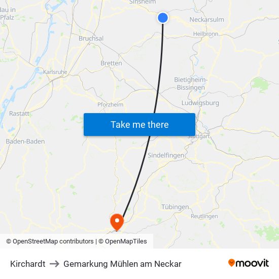 Kirchardt to Gemarkung Mühlen am Neckar map