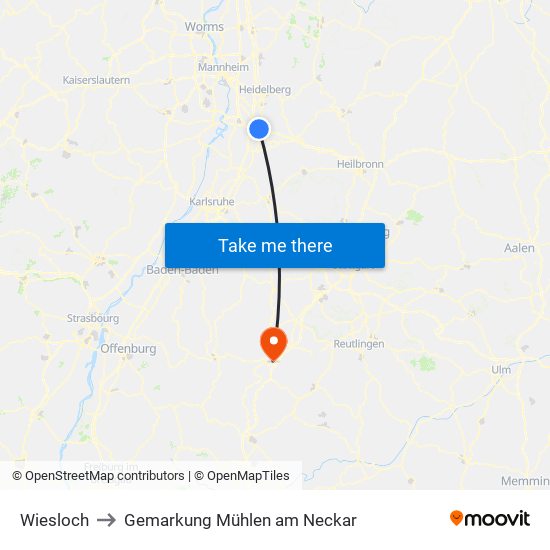 Wiesloch to Gemarkung Mühlen am Neckar map