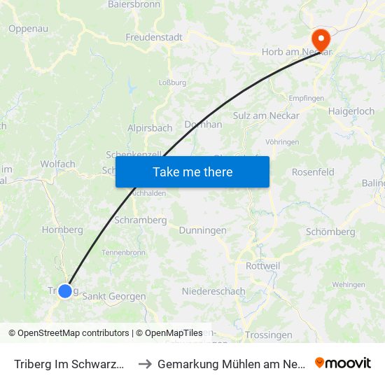 Triberg Im Schwarzwald to Gemarkung Mühlen am Neckar map