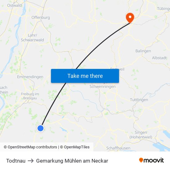 Todtnau to Gemarkung Mühlen am Neckar map