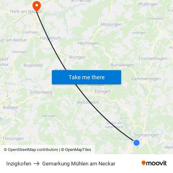 Inzigkofen to Gemarkung Mühlen am Neckar map