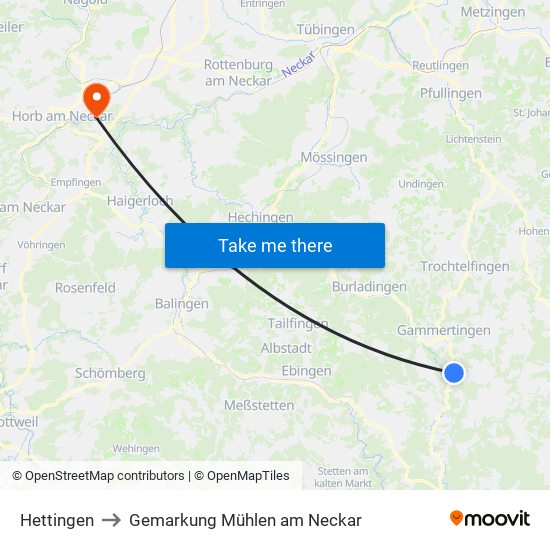 Hettingen to Gemarkung Mühlen am Neckar map