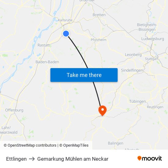 Ettlingen to Gemarkung Mühlen am Neckar map