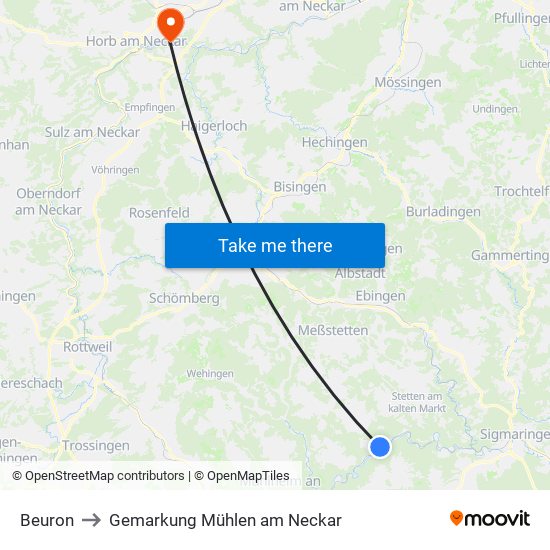 Beuron to Gemarkung Mühlen am Neckar map