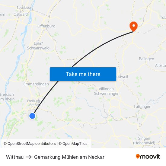 Wittnau to Gemarkung Mühlen am Neckar map