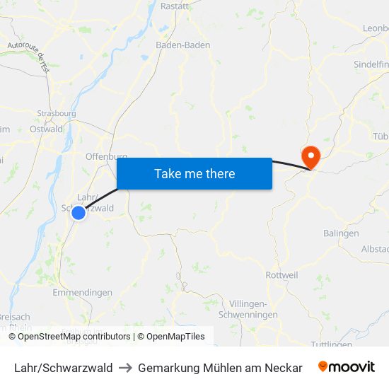 Lahr/Schwarzwald to Gemarkung Mühlen am Neckar map