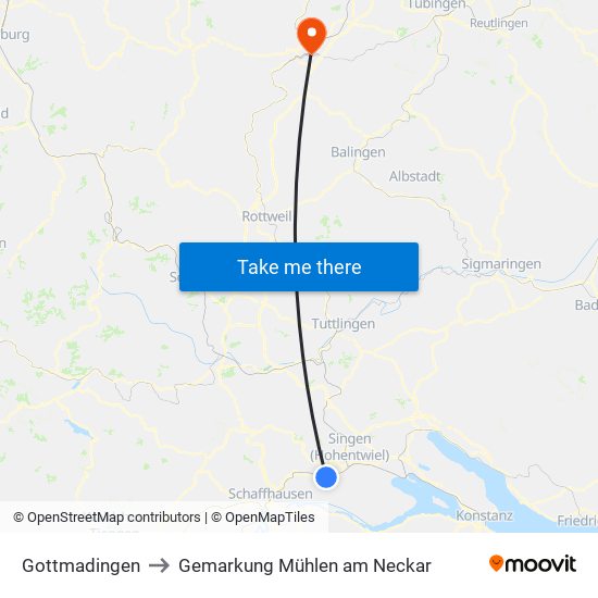 Gottmadingen to Gemarkung Mühlen am Neckar map