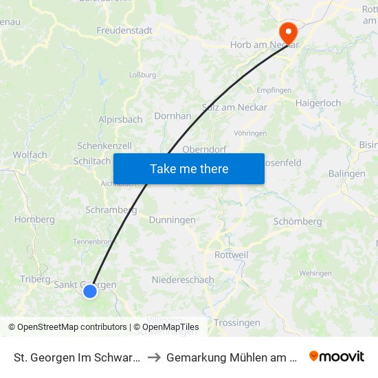 St. Georgen Im Schwarzwald to Gemarkung Mühlen am Neckar map