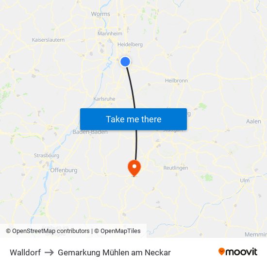 Walldorf to Gemarkung Mühlen am Neckar map
