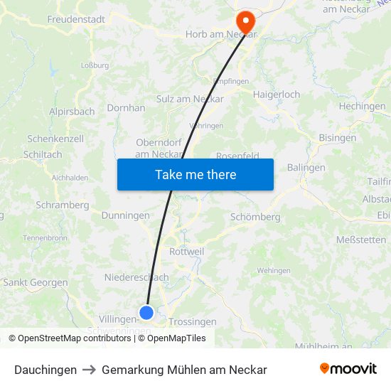 Dauchingen to Gemarkung Mühlen am Neckar map