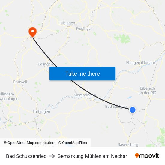 Bad Schussenried to Gemarkung Mühlen am Neckar map