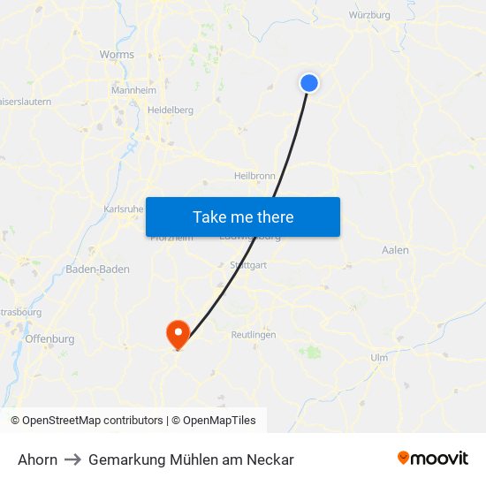 Ahorn to Gemarkung Mühlen am Neckar map
