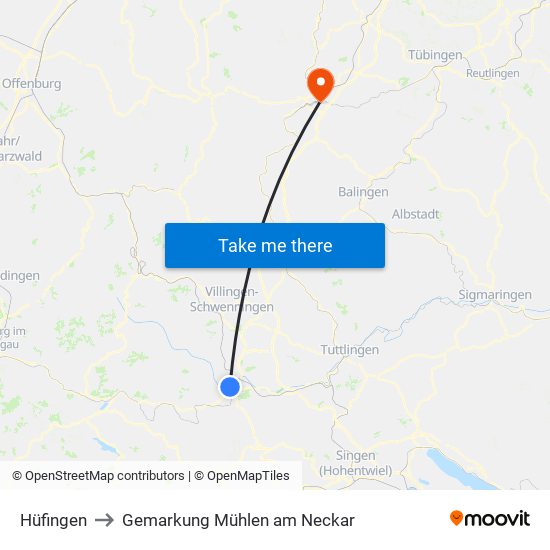 Hüfingen to Gemarkung Mühlen am Neckar map