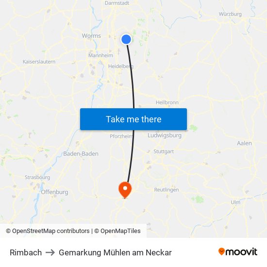 Rimbach to Gemarkung Mühlen am Neckar map