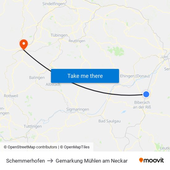 Schemmerhofen to Gemarkung Mühlen am Neckar map