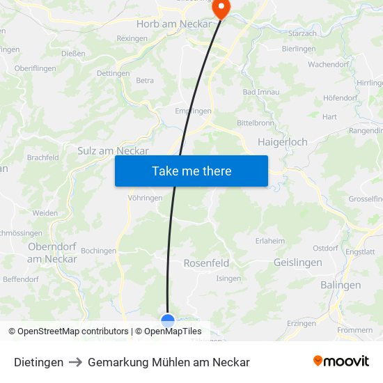 Dietingen to Gemarkung Mühlen am Neckar map