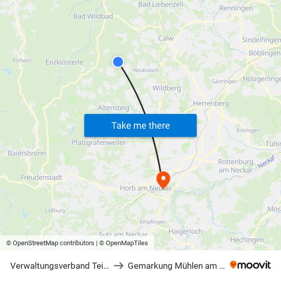 Verwaltungsverband Teinachtal to Gemarkung Mühlen am Neckar map