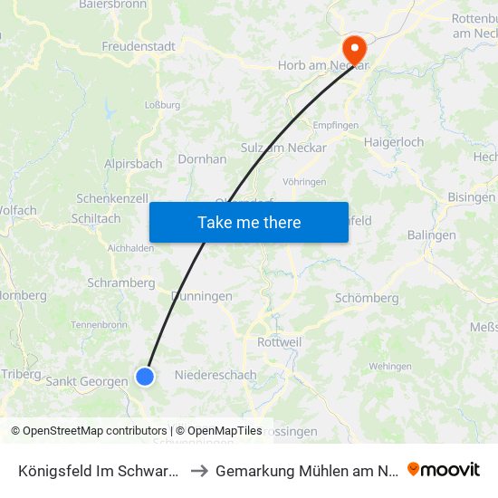 Königsfeld Im Schwarzwald to Gemarkung Mühlen am Neckar map