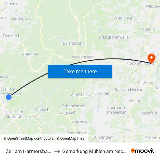 Zell am Harmersbach to Gemarkung Mühlen am Neckar map