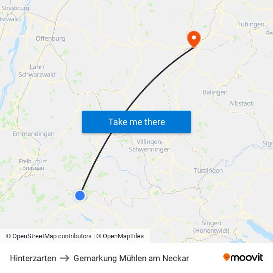 Hinterzarten to Gemarkung Mühlen am Neckar map