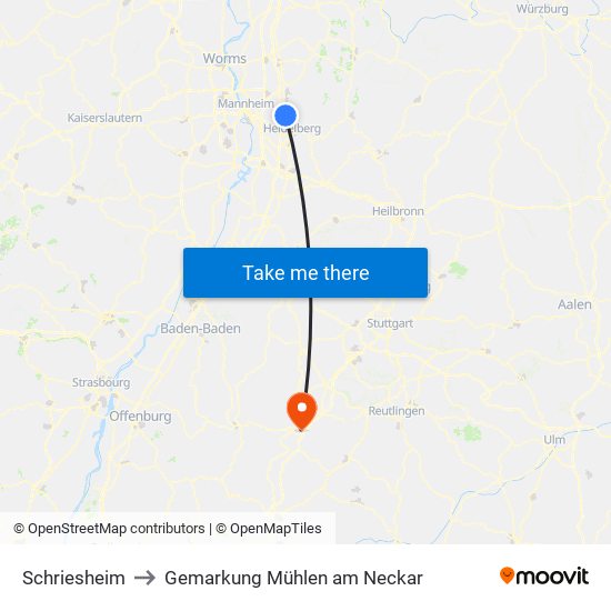 Schriesheim to Gemarkung Mühlen am Neckar map