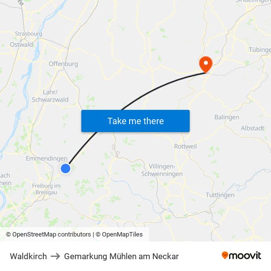 Waldkirch to Gemarkung Mühlen am Neckar map