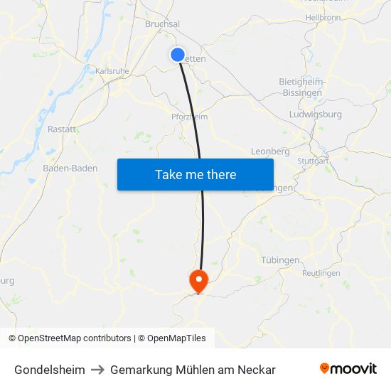 Gondelsheim to Gemarkung Mühlen am Neckar map