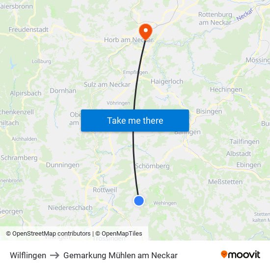Wilflingen to Gemarkung Mühlen am Neckar map