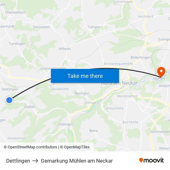 Dettlingen to Gemarkung Mühlen am Neckar map