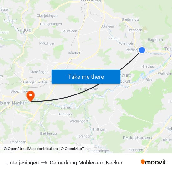 Unterjesingen to Gemarkung Mühlen am Neckar map