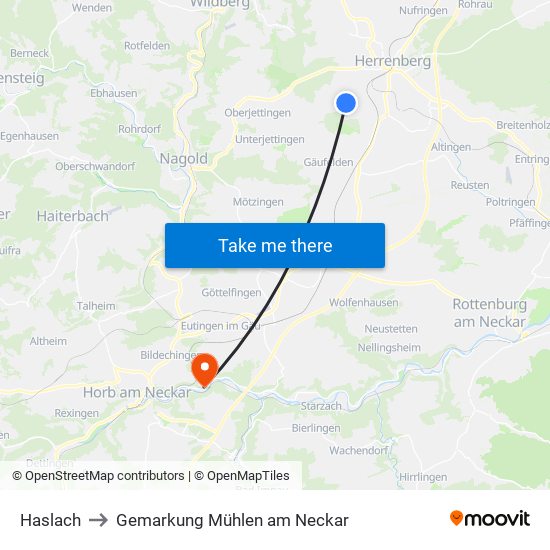Haslach to Gemarkung Mühlen am Neckar map