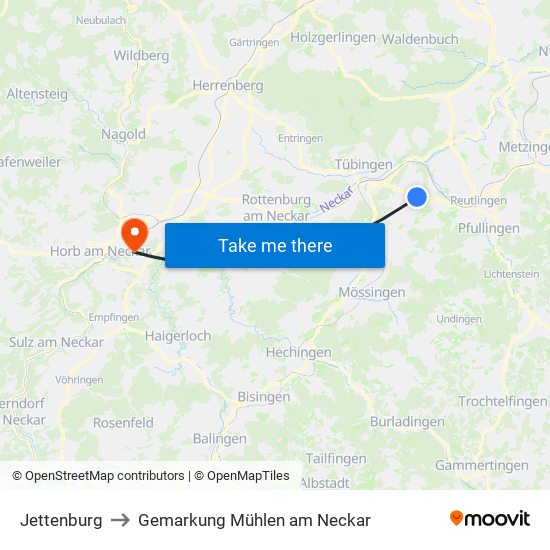 Jettenburg to Gemarkung Mühlen am Neckar map
