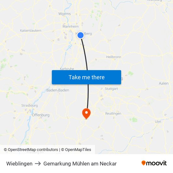 Wieblingen to Gemarkung Mühlen am Neckar map