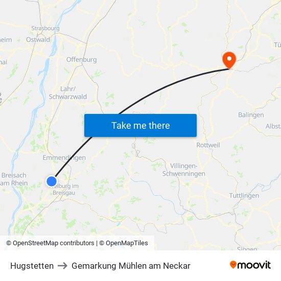 Hugstetten to Gemarkung Mühlen am Neckar map