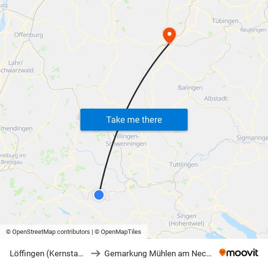 Löffingen (Kernstadt) to Gemarkung Mühlen am Neckar map