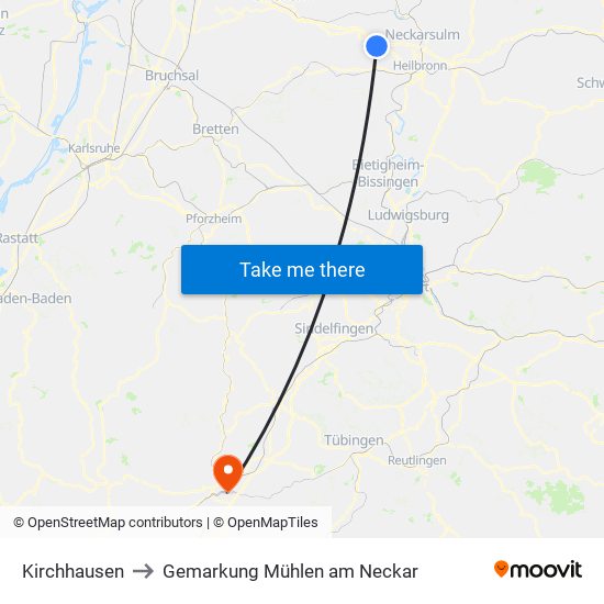 Kirchhausen to Gemarkung Mühlen am Neckar map