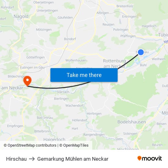 Hirschau to Gemarkung Mühlen am Neckar map