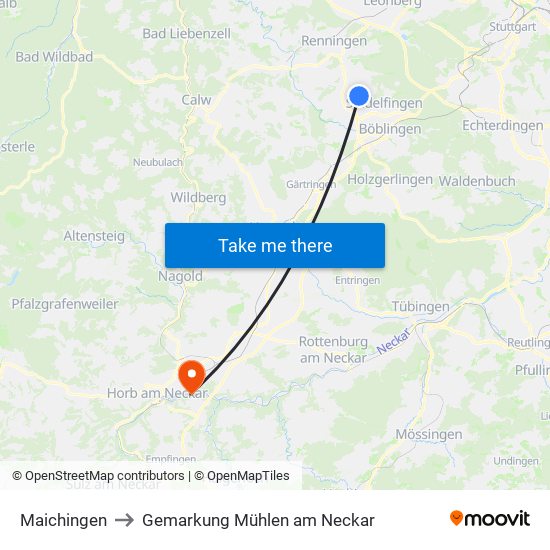 Maichingen to Gemarkung Mühlen am Neckar map