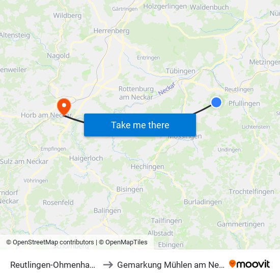 Reutlingen-Ohmenhausen to Gemarkung Mühlen am Neckar map