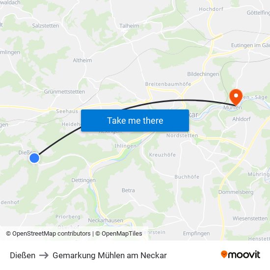 Dießen to Gemarkung Mühlen am Neckar map