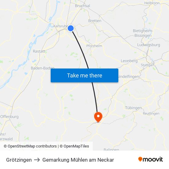 Grötzingen to Gemarkung Mühlen am Neckar map