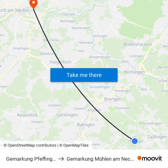 Gemarkung Pfeffingen to Gemarkung Mühlen am Neckar map