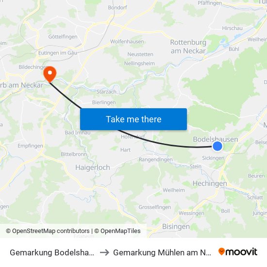 Gemarkung Bodelshausen to Gemarkung Mühlen am Neckar map