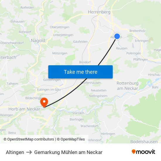 Altingen to Gemarkung Mühlen am Neckar map