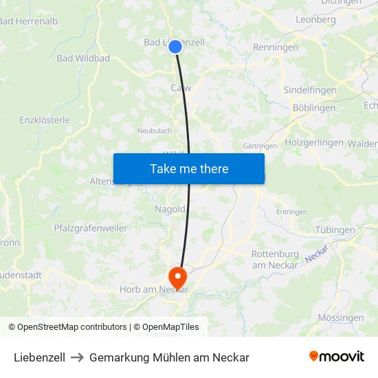 Liebenzell to Gemarkung Mühlen am Neckar map